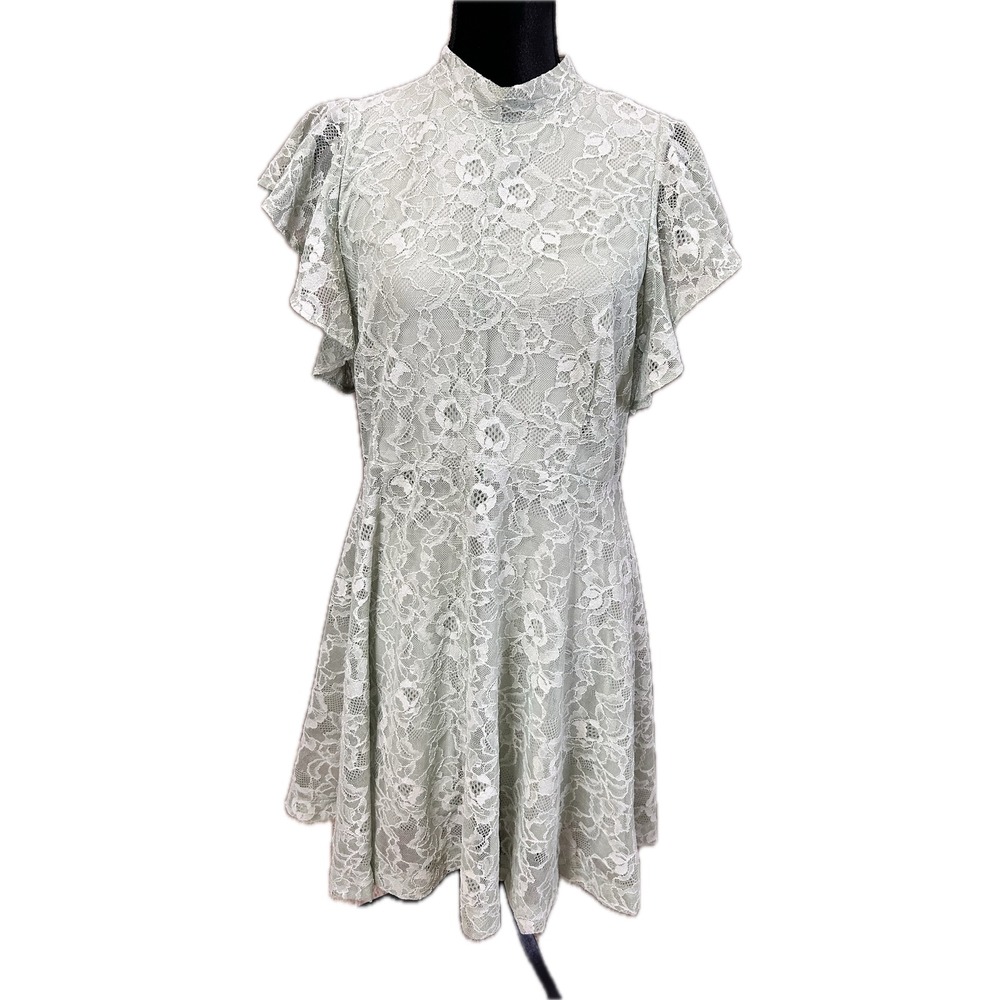 Maeve Anthropologie Sage Green Floral Lace Mock Neck Flutter Sleeve Mini Dress L